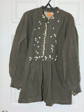 Embellished Olive Green Linen Tunic with shell Button Detail
